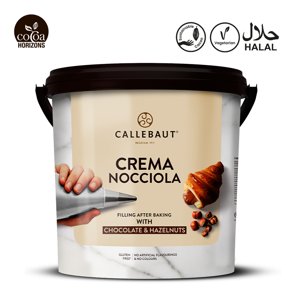 Callebaut Crema Nocciola chocolate spread container with branding and product details on a white background