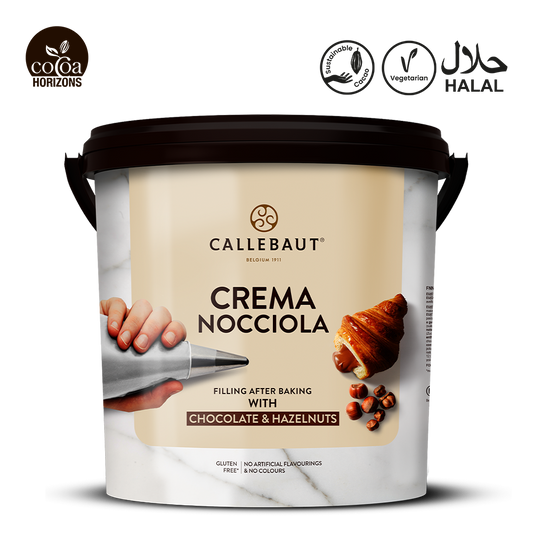 Callebaut Crema Nocciola chocolate spread container with branding and product details on a white background
