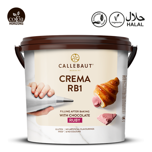 Callebaut Crema RB1 container with branding and product details on a white background
