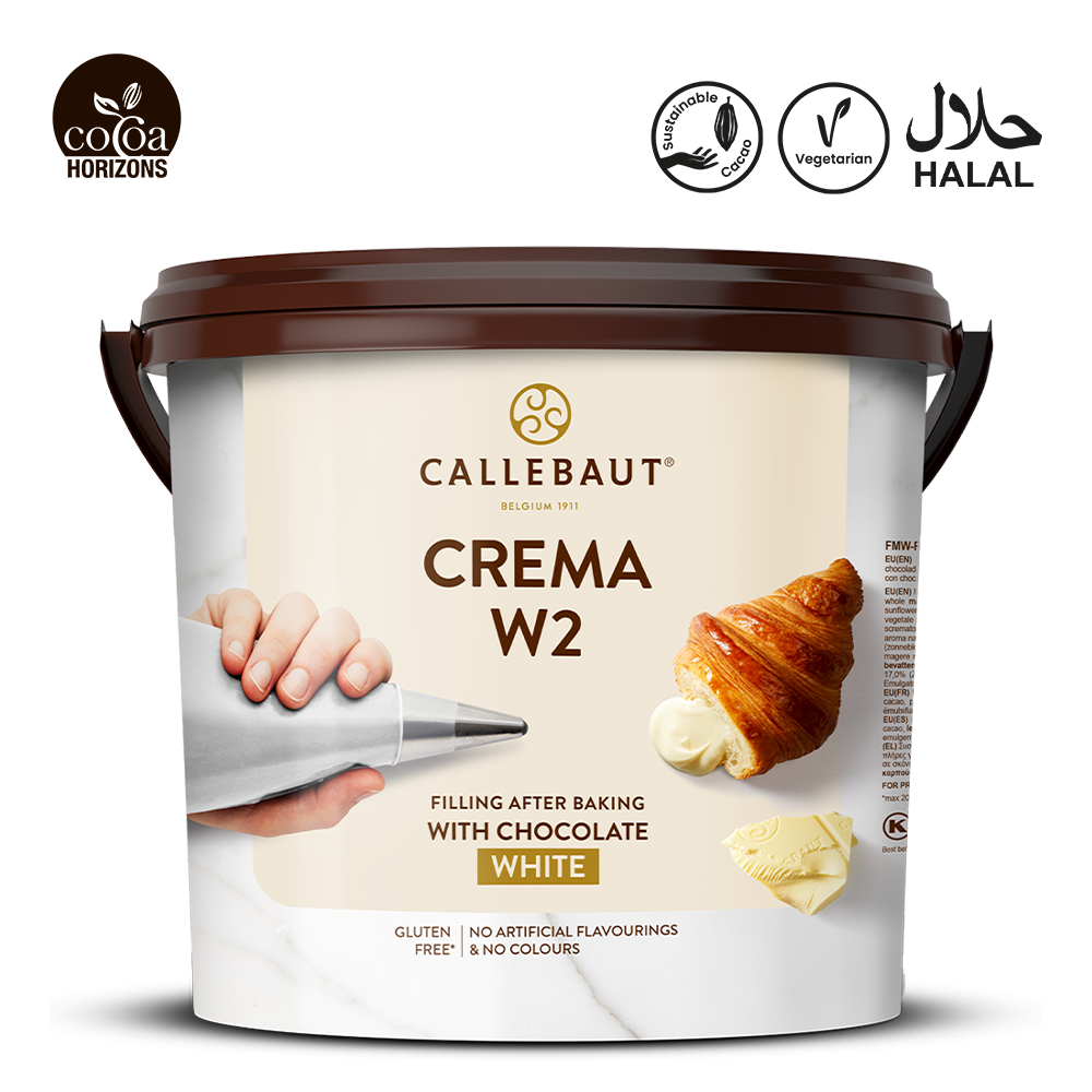 Callebaut Crema W2 chocolate filling container with branding and certification logos on a white background