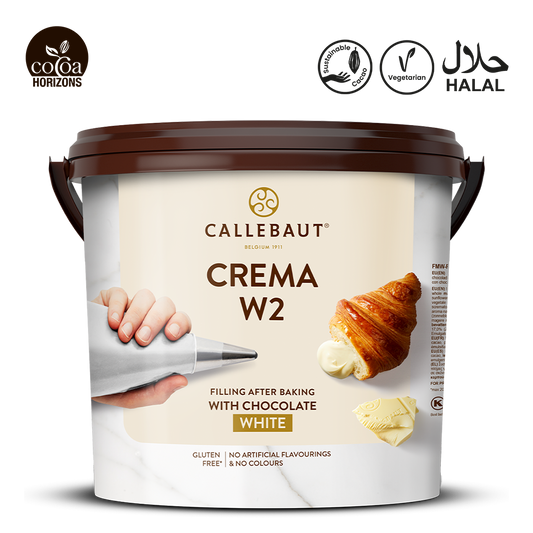 Callebaut Crema W2 chocolate filling container with branding and certification logos on a white background