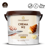 Callebaut Crema W2 chocolate filling container with branding and certification logos on a white background