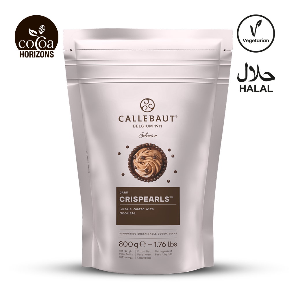 Callebaut DARK Crispearls packaging on a white background with brand logos.