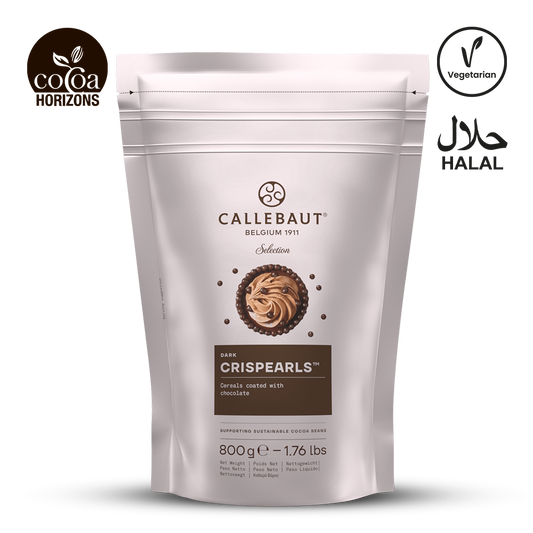 Callebaut DARK Crispearls packaging on a white background with brand logos.