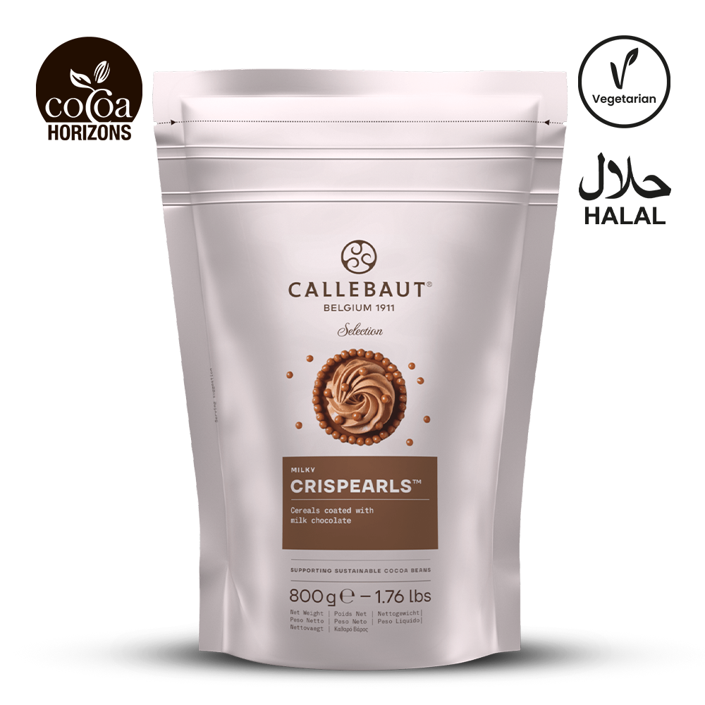 Callebaut MILK Crispearls packaging on a white background with brand logos.