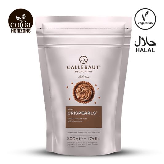 Callebaut MILK Crispearls packaging on a white background with brand logos.