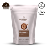 Callebaut MILK Crispearls packaging on a white background with brand logos.