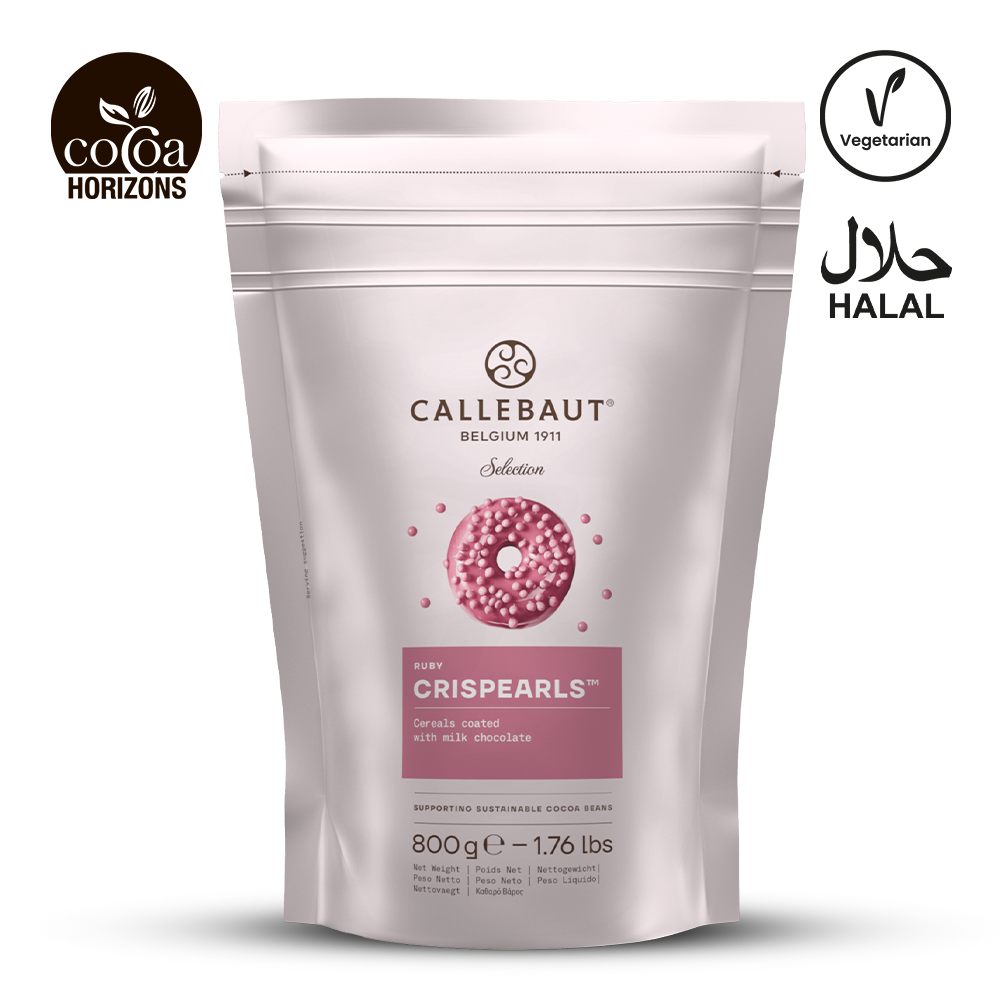 Callebaut RUBY Crispearls packaging with branding and certification logos on a white background