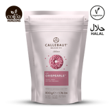 Callebaut RUBY Crispearls packaging with branding and certification logos on a white background