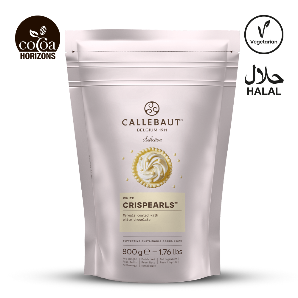 Callebaut WHITE Crispearls packaging with brand logos on a white background