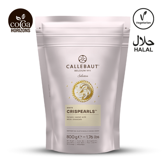 Callebaut WHITE Crispearls packaging with brand logos on a white background