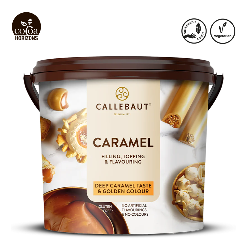 Callebaut caramel product packaging with brand logo and product details on a white background