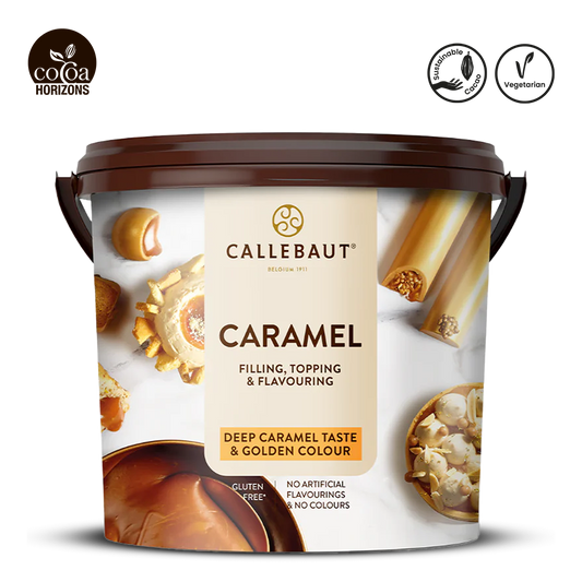Callebaut caramel product packaging with brand logo and product details on a white background