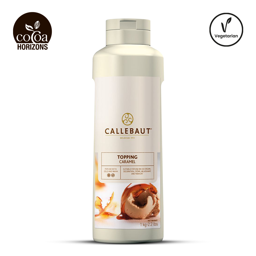 Callebaut Caramel topping container with brand logo on a white background