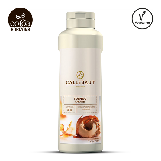 Callebaut Caramel topping container with brand logo on a white background
