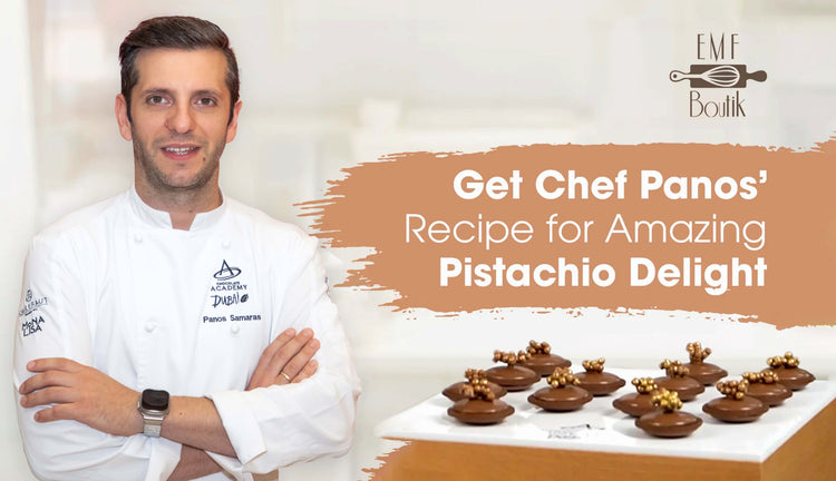 Chef Panos in a white coat with a display of pistachio delights and text about a recipe.
