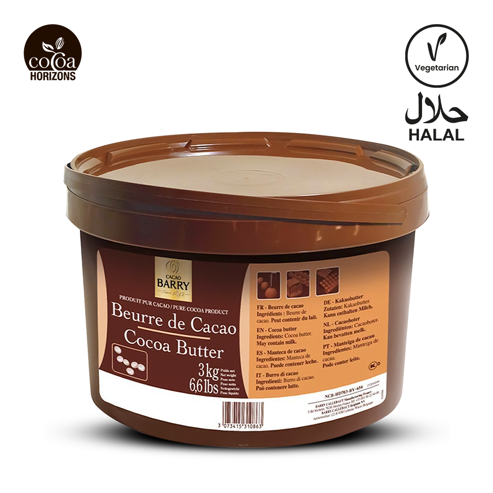 Container of cocoa butter with Barry logo and labels for vegetarian, halal, and cocoa origins.