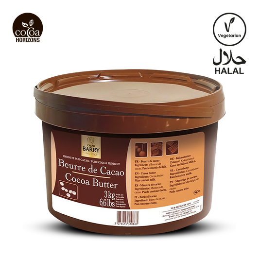 Container of cocoa butter with Barry logo and labels for vegetarian, halal, and cocoa origins.