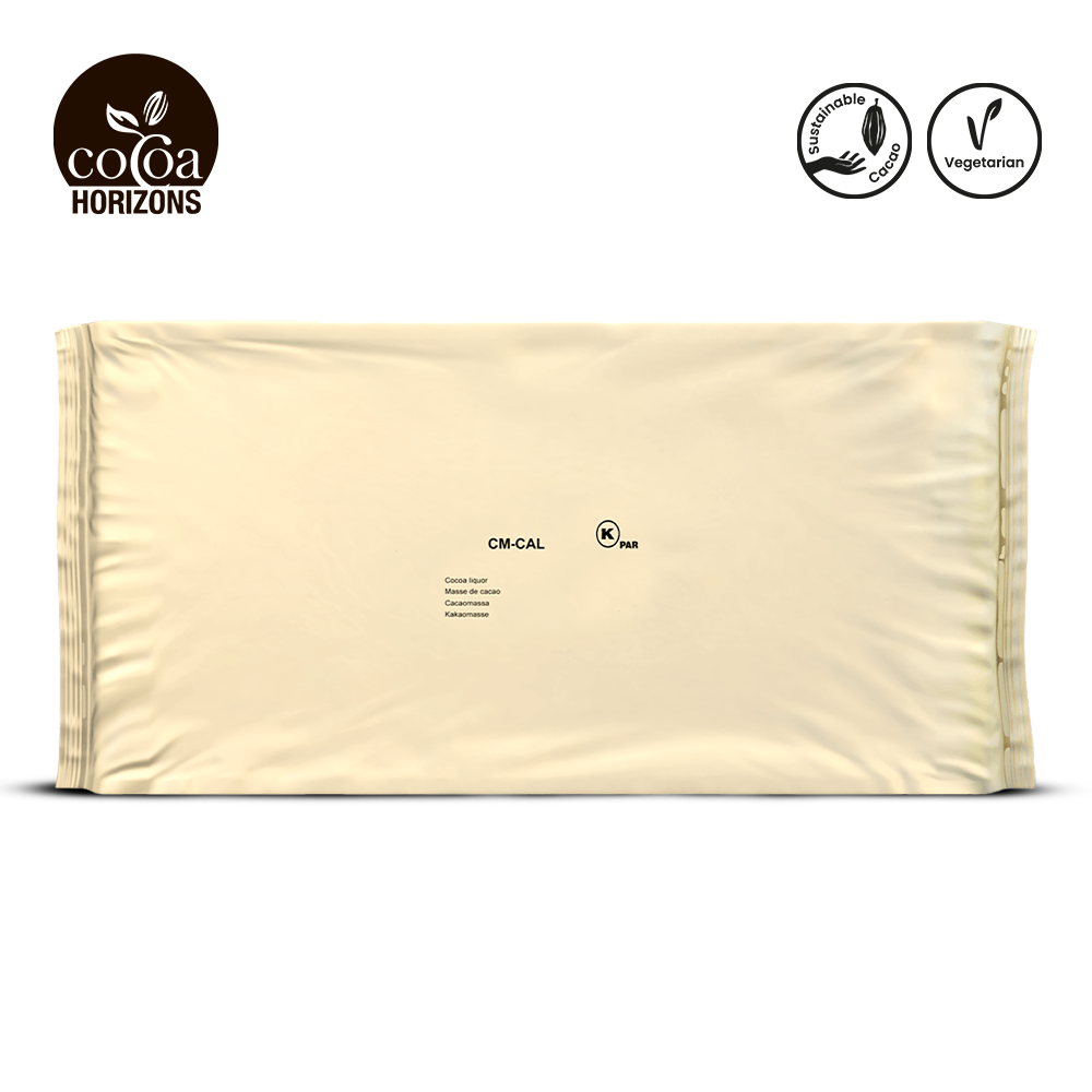 Beige package with 'Cocoa Horizons' branding and certification logos on a white background