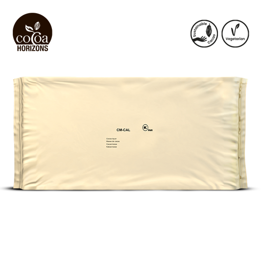 Beige package with 'Cocoa Horizons' branding and certification logos on a white background