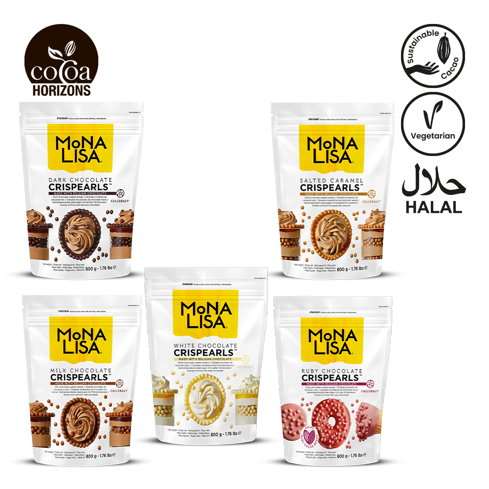 Five packages of Mona Lisa Crispearls with different flavors on a white background, featuring the Cooca Horizons brand.