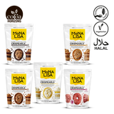 Five packages of Mona Lisa Crispearls with different flavors on a white background, featuring the Cooca Horizons brand.