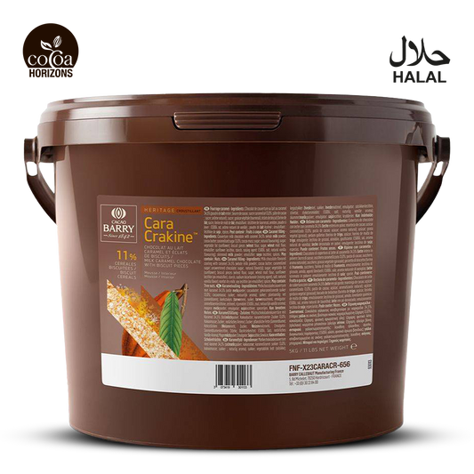 Brown bucket with a label featuring 'Cara Cara' chocolate, 'Barry Callebaut' brand, and 'Cocoa Horizons' logo on a white background.