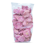 Bag of pink candy pieces on a white background