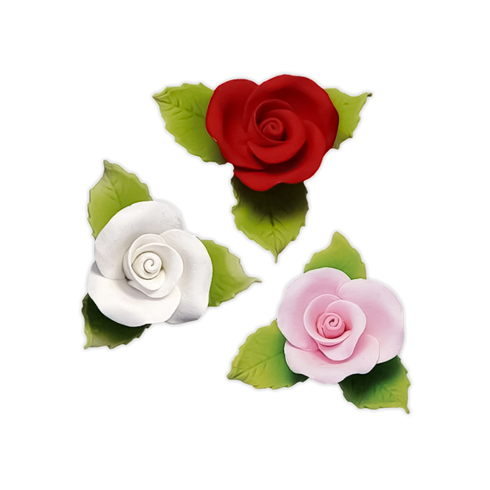 DecoRelief (France) Gumpaste Flowers ROSES & LEAVES - 30 Roses & 90 Leaves