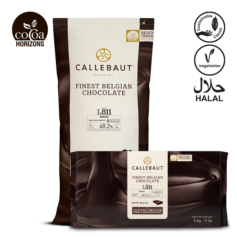 Callebaut finest Belgian chocolate packaging with branding and certification logos on a white background