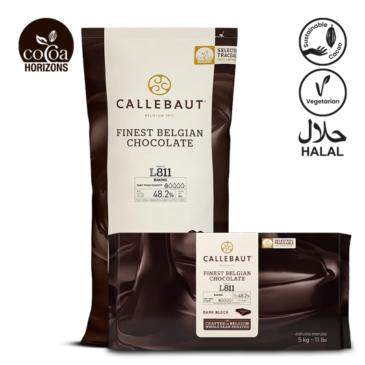 Callebaut finest Belgian chocolate packaging with branding and certification logos on a white background