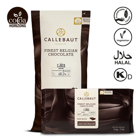 Callebaut finest Belgian chocolate packaging with branding and certification logos on a white background