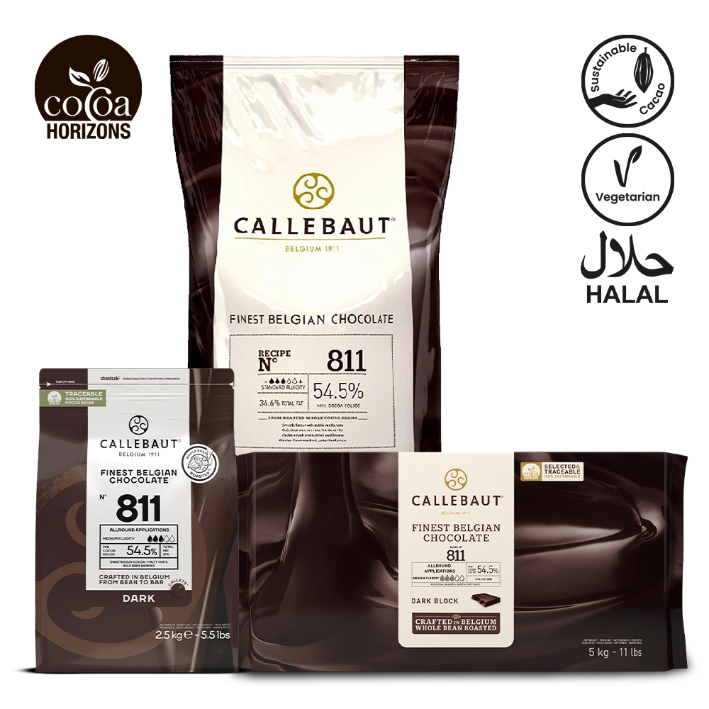 Callebaut chocolate packaging with branding and certification logos on a white background