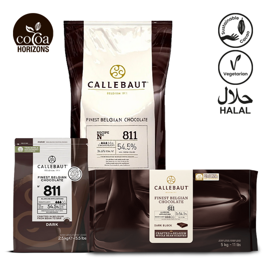 Callebaut chocolate packaging with branding and certification logos on a white background