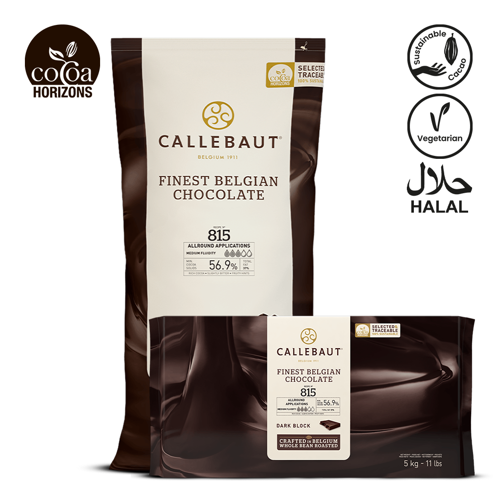 Callebaut chocolate packaging with branding and certification logos on a white background