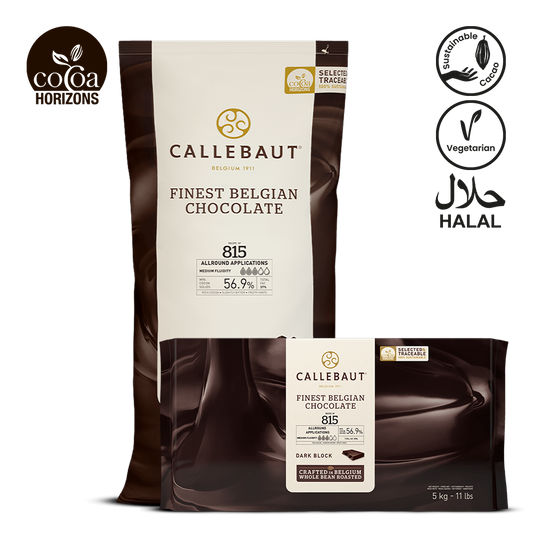 Callebaut chocolate packaging with branding and certification logos on a white background