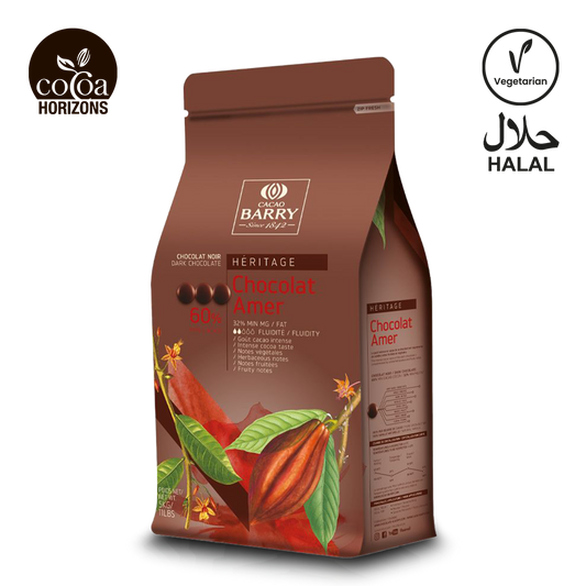 Cacao Barry chocolate packaging with cacao beans and leaves on a white background