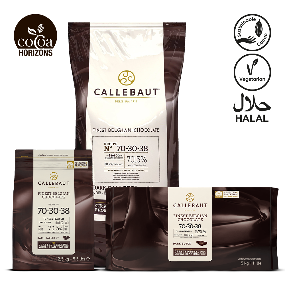 Callebaut chocolate packaging with branding and certification logos on a white background
