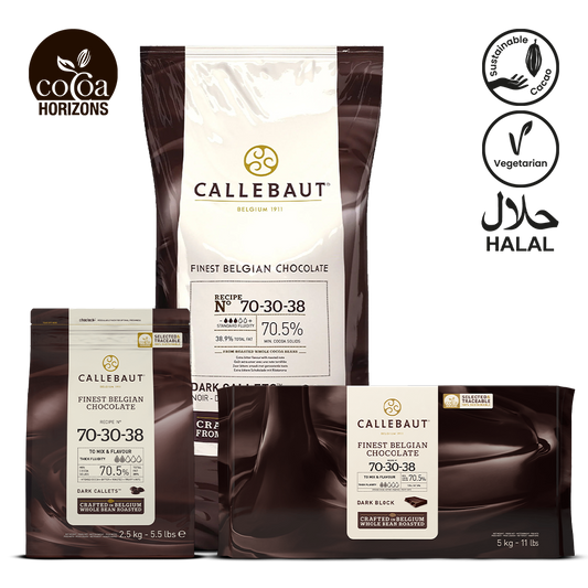 Callebaut chocolate packaging with branding and certification logos on a white background