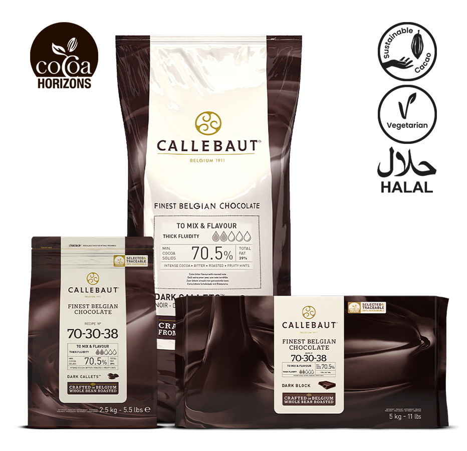 Callebaut chocolate packaging with branding and product details on a white background
