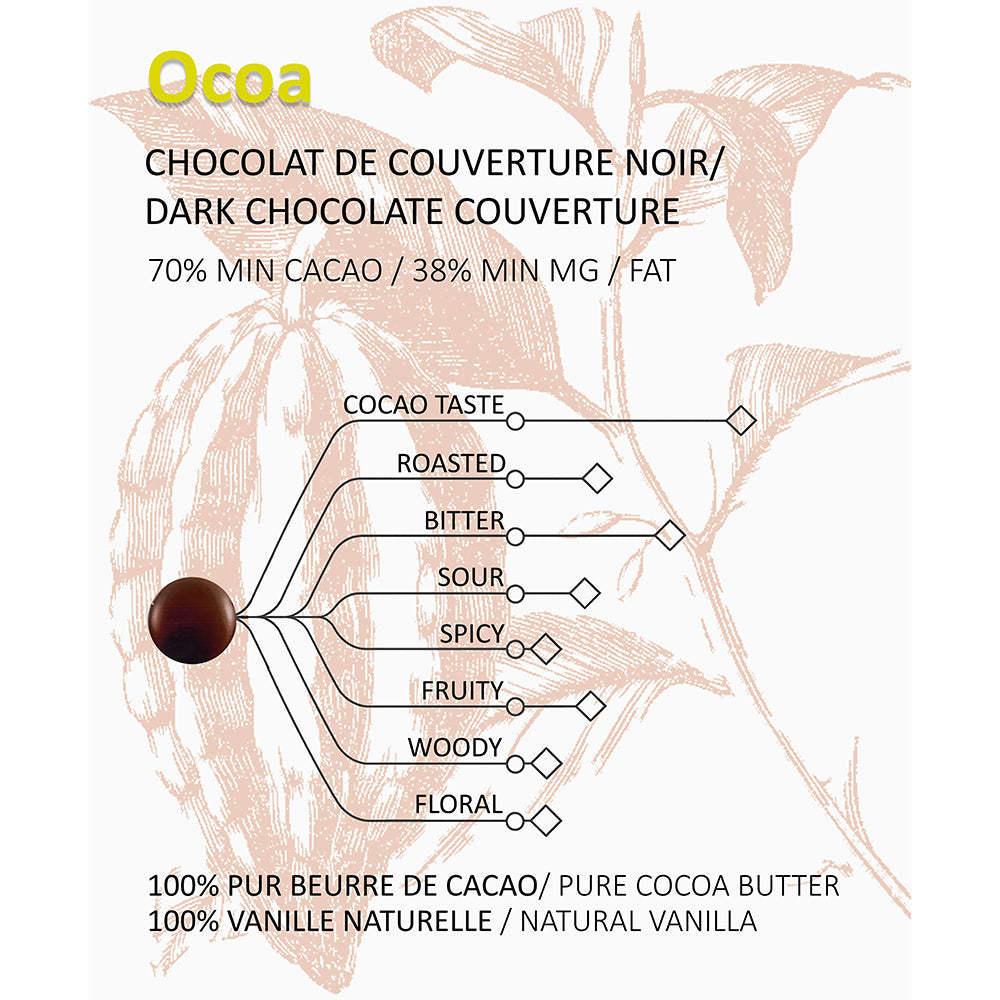 Dark chocolate flavor profile with Ocoa branding and cocoa bean illustration.