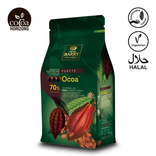 Green packaging of Ocoa chocolate with cacao beans and branding on a white background