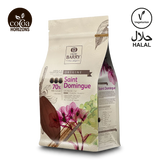 Cocoa Barry Saint Domingue chocolate packaging with branding and certification logos.