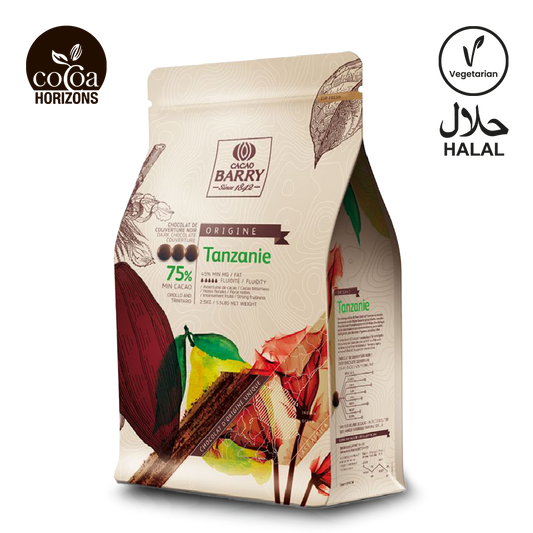 Cocoa Barry chocolate packaging with 'Cocoa Horizons' and 'Barry' branding on a white background.