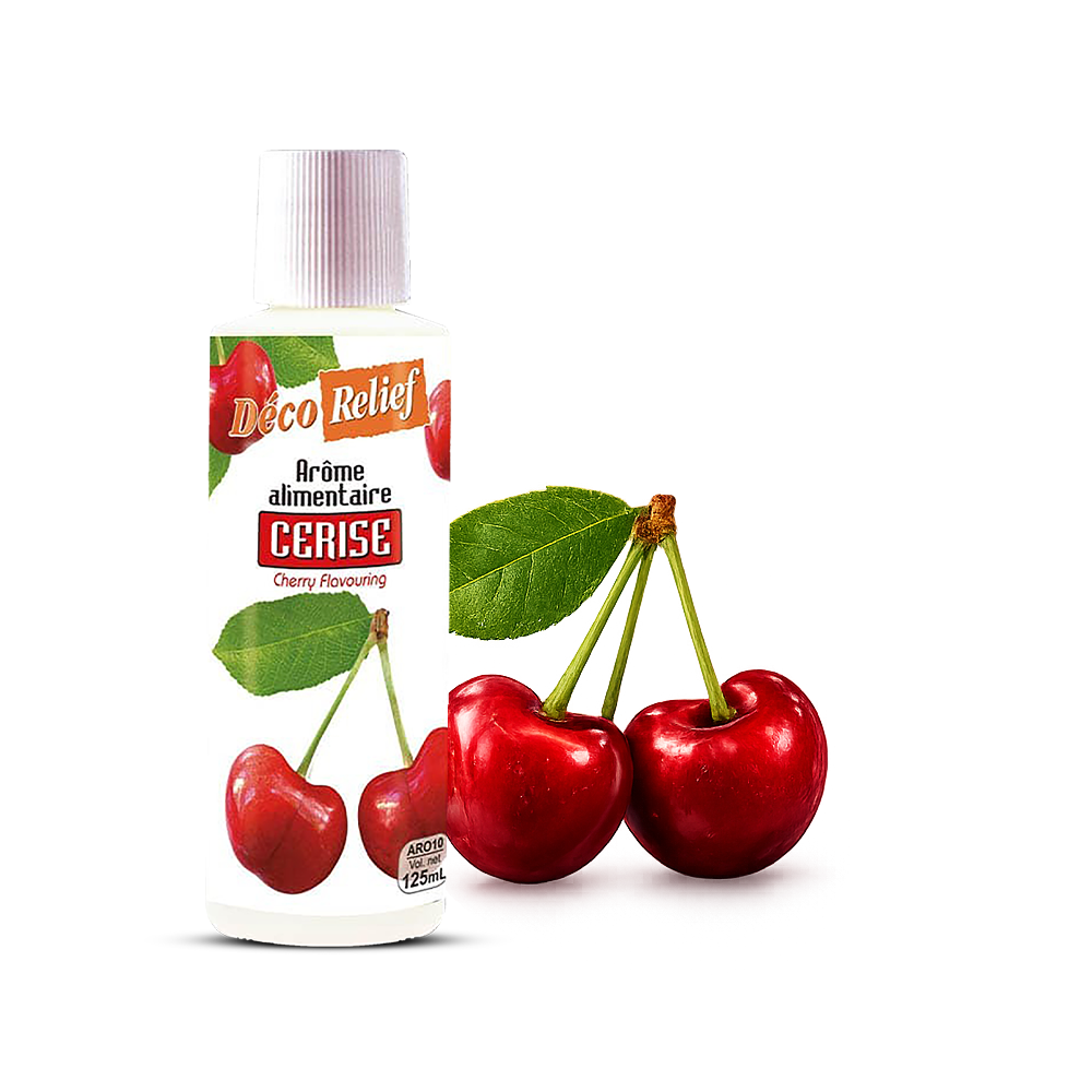 A bottle of Cérise Cherry Flavored Hèrôme Alimentaire (Deco Relief) shown next to three fresh red cherries on a white background.