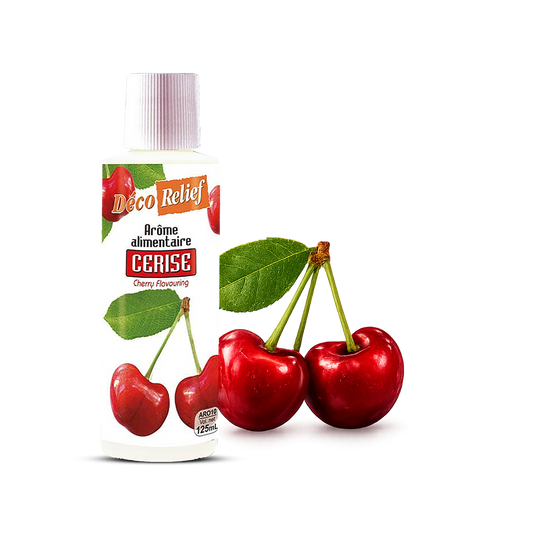 A bottle of Cérise Cherry Flavored Hèrôme Alimentaire (Deco Relief) shown next to three fresh red cherries on a white background.