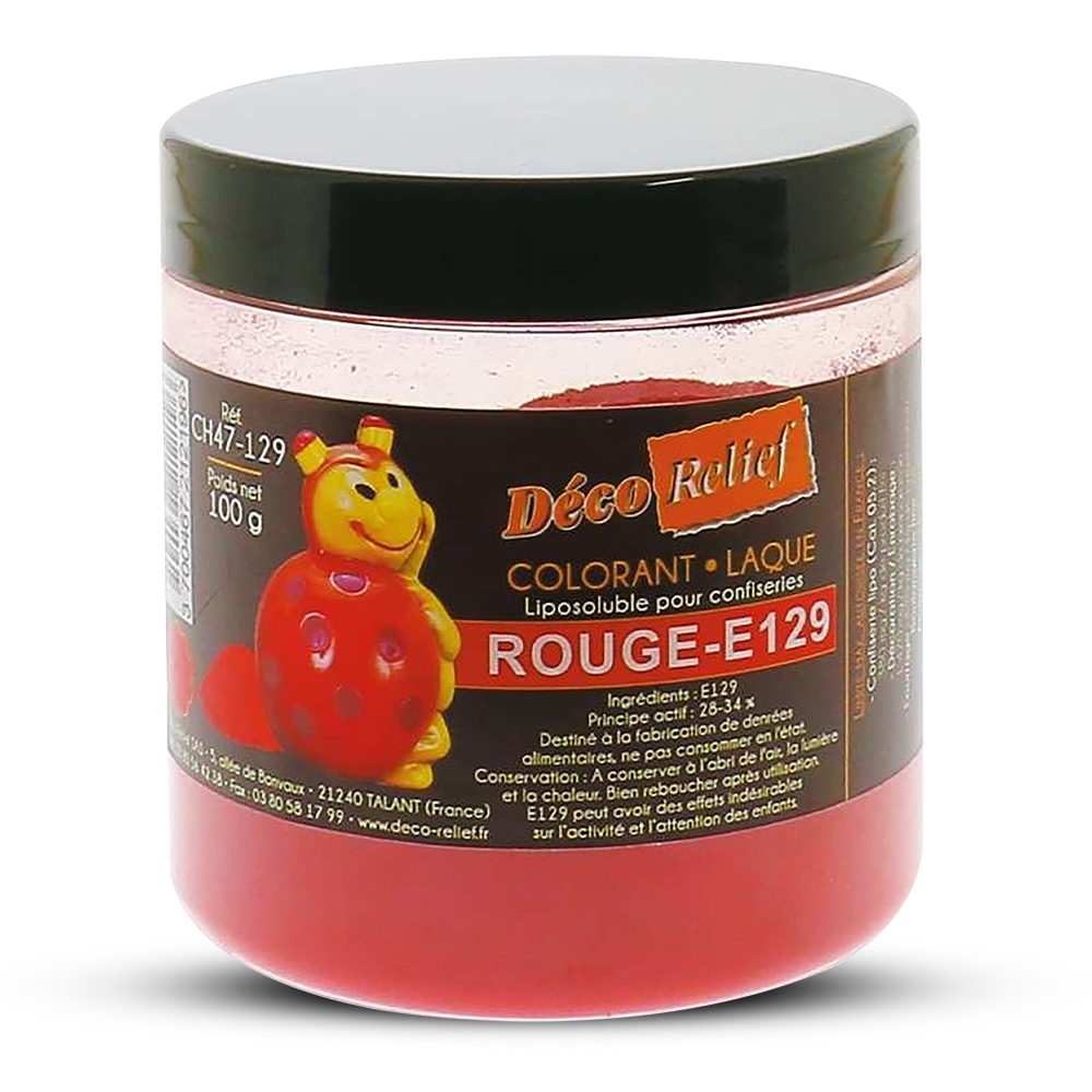 Jar of Deco Relief red coloring with a cartoon ladybug on the label.