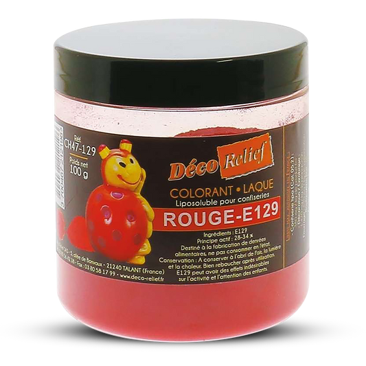 Jar of Deco Relief red coloring with a cartoon ladybug on the label.
