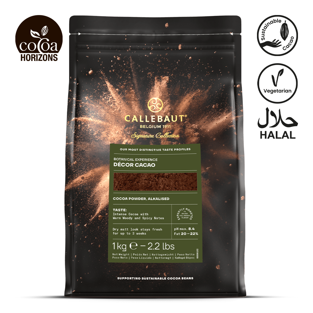 Callebaut Decor Cacao packaging with branding and certification logos on a white background