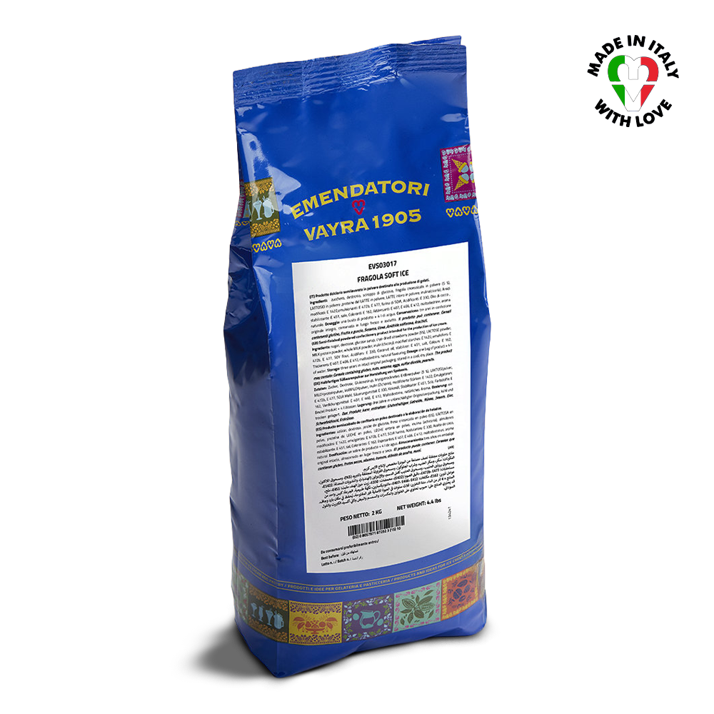 blue bag of strawberry soft serve powder